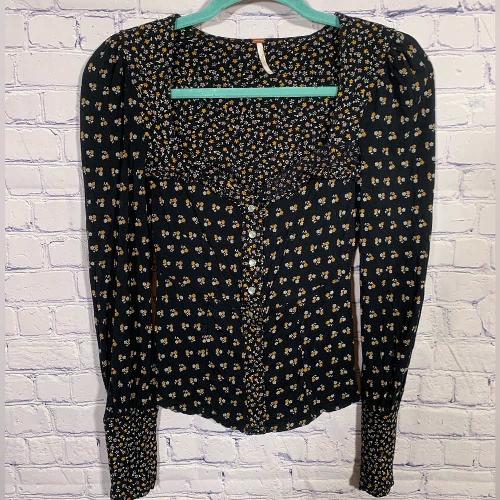 Free People Womens Kissin Kate Top Floral Navy XS Babydoll Y2K Whimsigoth Fairy
